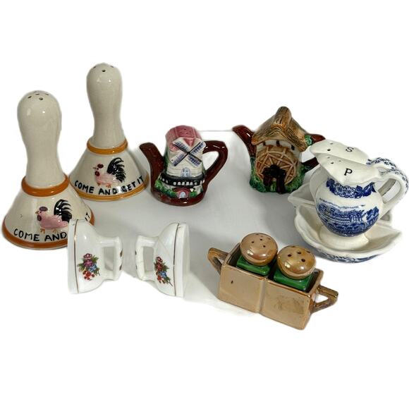 Lot 5 Vintage Ceramic Salt Pepper Shakers Irons Hand Bells Tea Pots Pitcher Bowl - Picture 1 of 11
